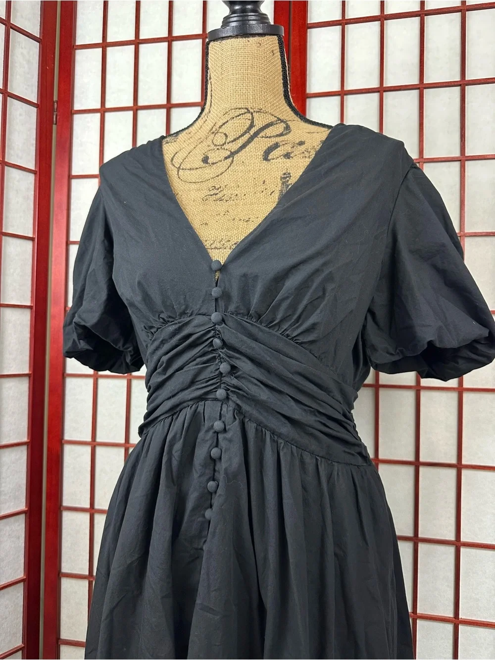 Anthropologie Katerina Midi Dress Black Button Front Puff Sleeves Pockets Chic